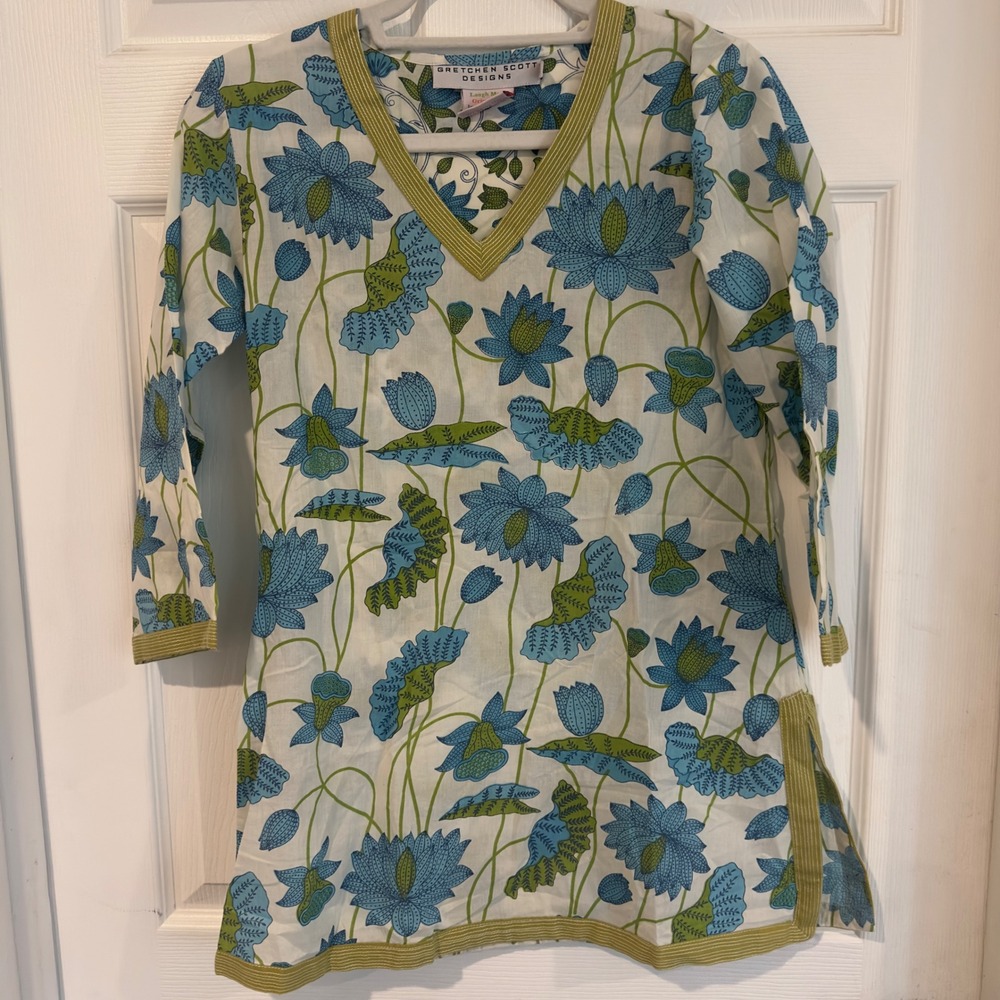 Gretchen Scott Designs Blue Green Floral Lotus Cotton Tunic Top XS V-Neck Trim